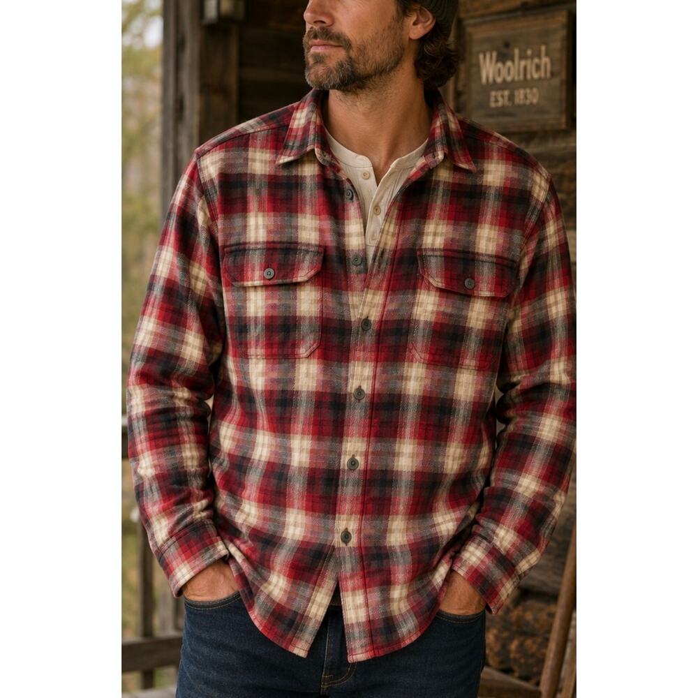 Woolrich XL Heavyweight Plaid Flannel Shirt Red Workwear Outdoors Rugged
